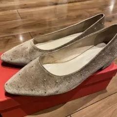 ベージュ ベロア　ドットパンプス　25cm