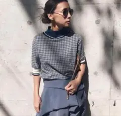 OLDEN PLAID KNIT チェック柄 モックネック 半袖ニット