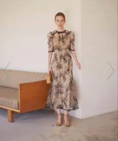 LEJA-花柄フロントバックリボンパフスリーブマーメイドロングワンピースドレス