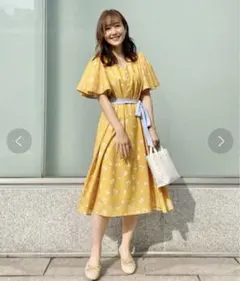 31 sons de mode ベルト付き花柄プリントワンピース 黄色