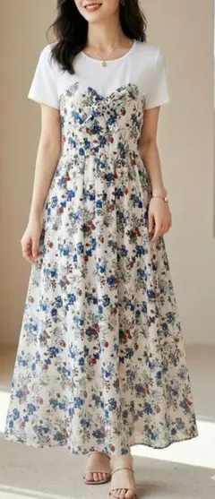 【美品】ドッキングワンピース 花柄 ビスチェ風 ロング丈 半袖 ホワイト
