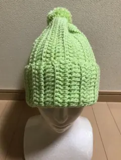 ハンドメイド ポンポン付きニット帽　ライトグリーン（肉球ピンバッジ付き）