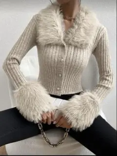 ふわふわ　襟付きリブニットカーディガン　長袖　トップス