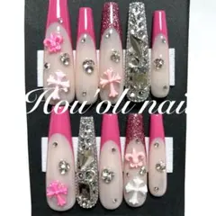 ネイルチップ ギャルネイル 鬼ロング フレンチ ピンク 十字架 冬ネイル