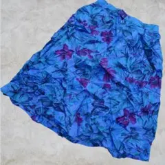 美品✨フレアスカート 青　紫　花柄 ひざ丈 ロングスカート レトロ ヴィンテージ