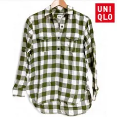 【美品】ユニクロ チェックシャツ グリーン×ホワイト Sサイズ ロールアップ