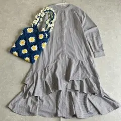 ストライプ バンドカラー シャツワンピース フリル ロング 体型カバー