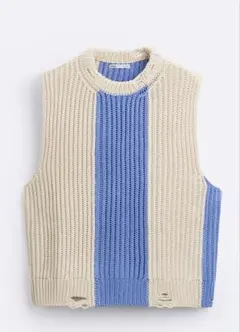 ZARA リブ編み ノースリーブ タンクトップ ベージュ青