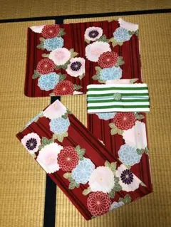 D-24 美品　赤に黒筋の地に赤、ピンク、水色の菊柄　プレタ　裄67㎝