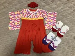 80サイズ 花柄着物風ベビー服 靴下2足 ヘアバンド セット