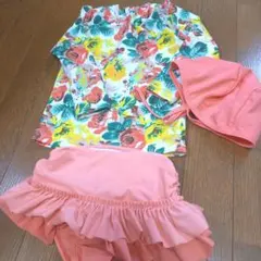 女の子水着3点セット　長袖　花柄/ピンク