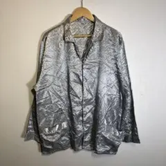 古着 総柄 シャツジャケット グレー系 開襟デザイン ポケット付き ユニセックス