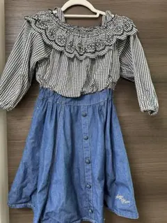 メゾピアノジュニア　ギンガムチェック　デニム　オフショルワンピース