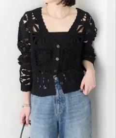 ☆美品☆ オメカシ　パッチワーククロシェカーディガン　黒のサムネイル