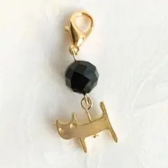厄除け開運 ブラックオニキス8mm＆catsねこ猫ちゃん 金色チャーム天然石