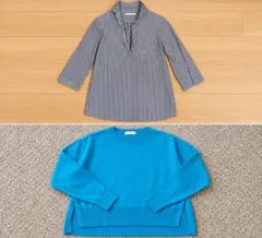 ストライプシャツ ブルーニット セット