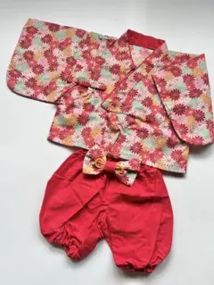 ベビー袴　未使用　赤　花　80 90 お食い初め　着物　和装　赤ちゃん　女の子