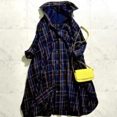 美品♪ スピック＆スパン タータンチェックシャツワンピース LL相当 紺×茶