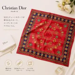 Christian Dior 宝石チェーン柄 スカーフ レッド×ネイビーのサムネイル