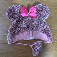 ミニーちゃん耳付きヒョウ柄ピンク帽子