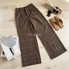 美品【GU】チェックワイドパンツ ブラウン系
