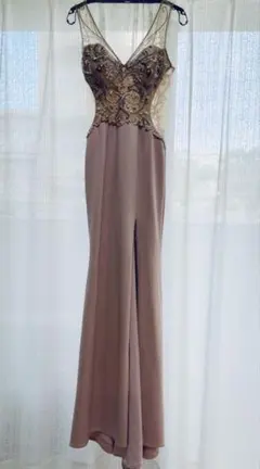 【Angel R】豪華ビジュー スリット ロングドレス 薄ピンク Sサイズ