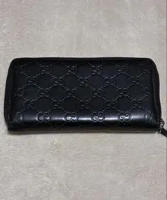 【GUCCI】グッチ　長財布　ラウンドファスナー シマ　レザー　ブラック　黒
