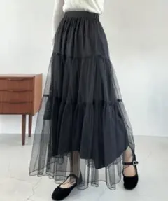 classicalelf ブラック チュール ティアード ロングスカート