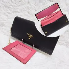 レア美品✨プラダ◇パスケース付きマルチカラーフラップ長財布　サフィアーノ黒ピンク
