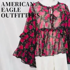 【花柄】アメリカンイーグル シースルーブラウス ベルスリーブ ピンクバラ　透け感