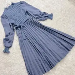 レトロ クラシカル プリーツニットワンピース ドッキングワンピース 柄編み