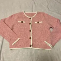 ノーカラー ニットカーディガン ピンク ゴールドボタン