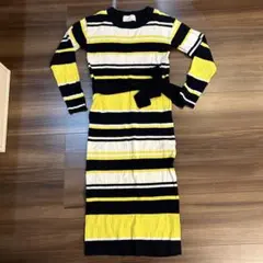 Radyリブ編みボーダーロングワンピース（黒・白・黄・緑）ベルト付き