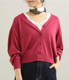 ViS シルエットショート丈Vネックボリュームスリーブカーディガン　ボルドー　F