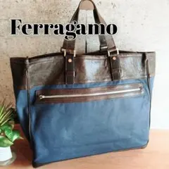 良品 フェラガモ ヴィンテージ 大容量 トートバッグ 鞄 紺 レディース メンズ