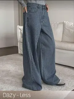 Dazy-Less ウィメンズカジュアルルーズ ストライプ ワイドレッグジーンズ