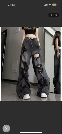 ダメージ　ストレート　ブラック　ジーンズ　デニムパンツ