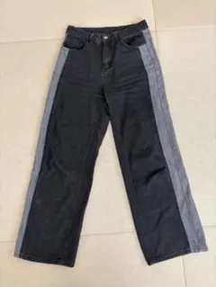 サイドパネルデザイン ワイドレッグデニムパンツ