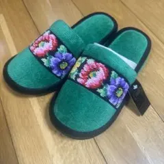 フェイラー　FEILER 花柄刺繍　グリーン　ルームシューズ　スリッパ