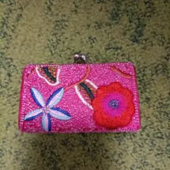 ビーズ刺繍 がま口ポーチ ピンク 花柄