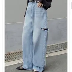 サイドスリットワイドストレートコットンデニムパンツ