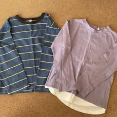 青白ストライプと紫レイヤードTシャツ 120cm