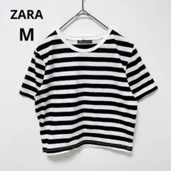 ザラ　ボーダー 半袖Tシャツ M モノクロ ショート丈　白黒　モノトーン　総柄のサムネイル