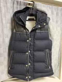 レザー切替 ベスト ブラック ジップアップ フード付き