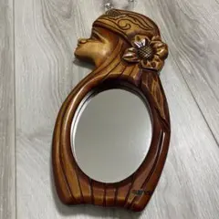 【昭和レトロ】木製彫刻鏡　女性顔ミラー 花　女の子　登別　お土産