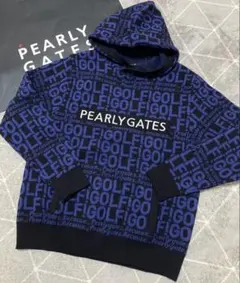 新品 パーリーゲイツ GOLF柄ジャガード ニット フーディ(4)サイズM/紺
