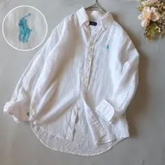 ​【美品】ラルフローレン リネン100%シャツ ホワイト×水色ポニー