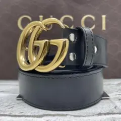 美品✨グッチ ベルト GGマーモント デカロゴ ゴールド ブラック メンズ