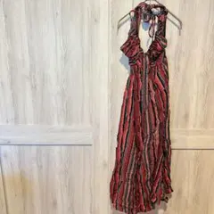 キャミワンピース 赤 緑 ストライプ エスニック ワンピース 柄物 古着