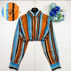 未使用級 PRADA プラダ クロップドブラウス ストライプ シルク100%のサムネイル